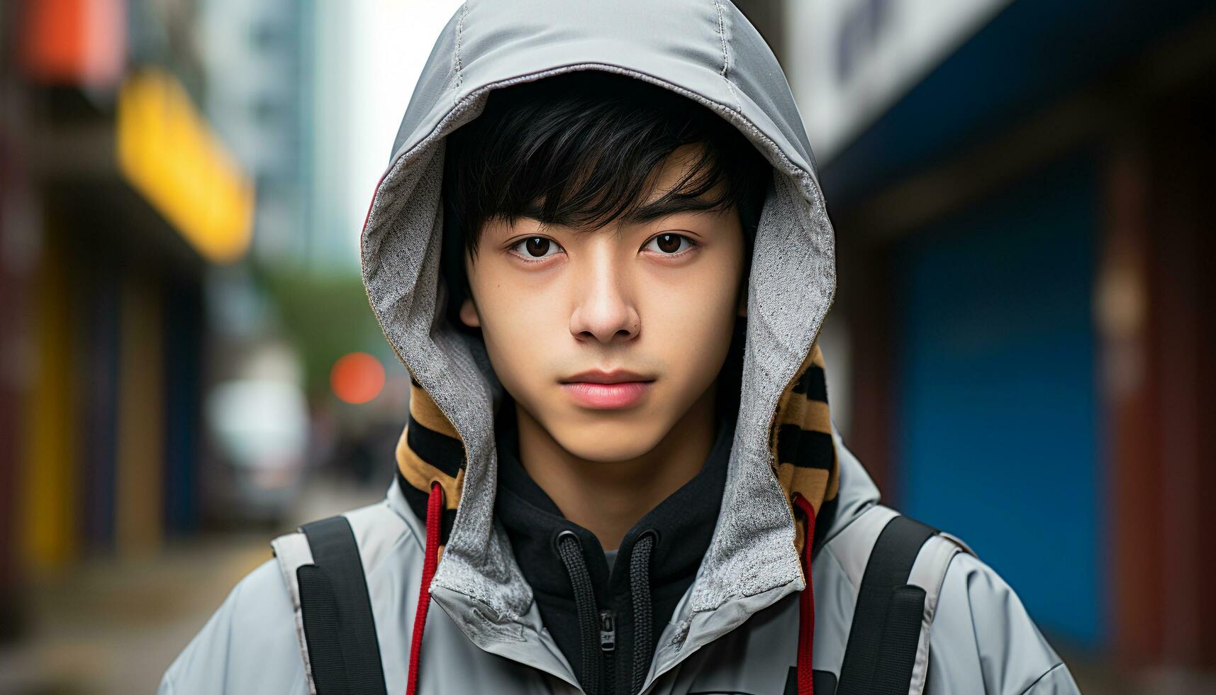AI generated Hooded shirt, portrait, looking at camera, serious generated by AI photo