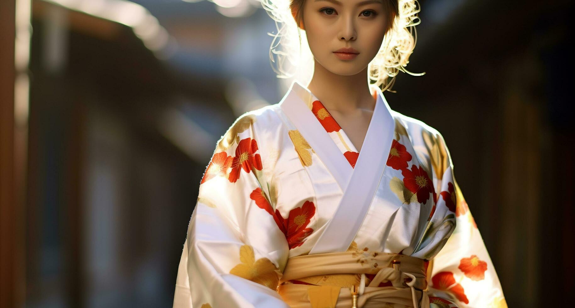 ai generado japonés elegancia, joven mujer en tradicional ropa generado por ai foto