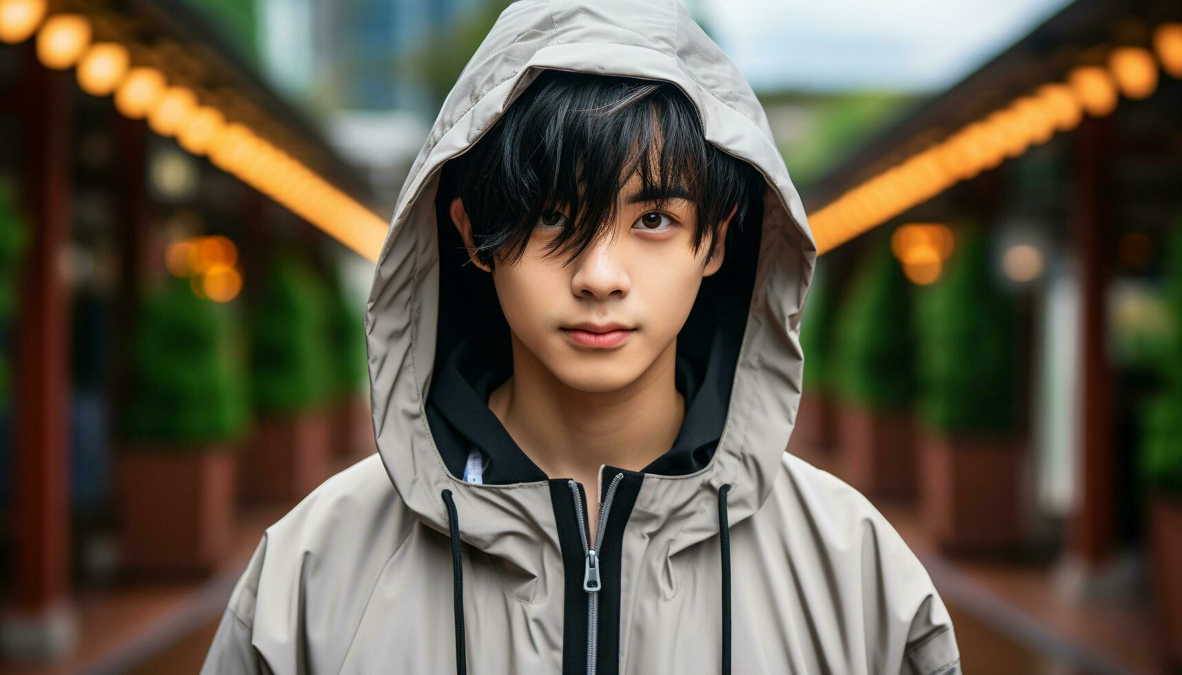 AI generated Lonely boy in hooded shirt looks at camera generated by AI photo