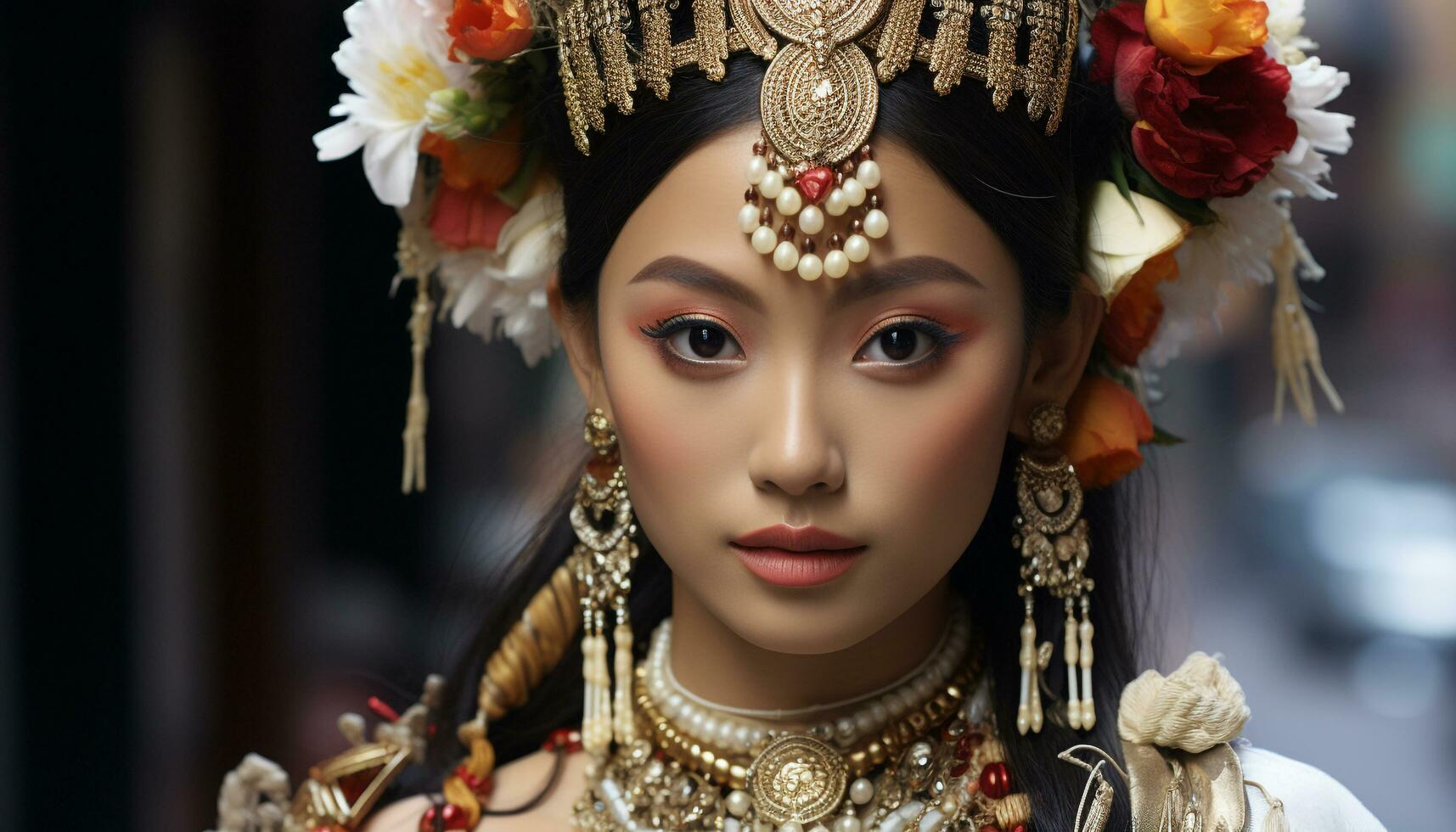 AI generated Young woman in traditional clothing exudes elegance and beauty generated by AI photo