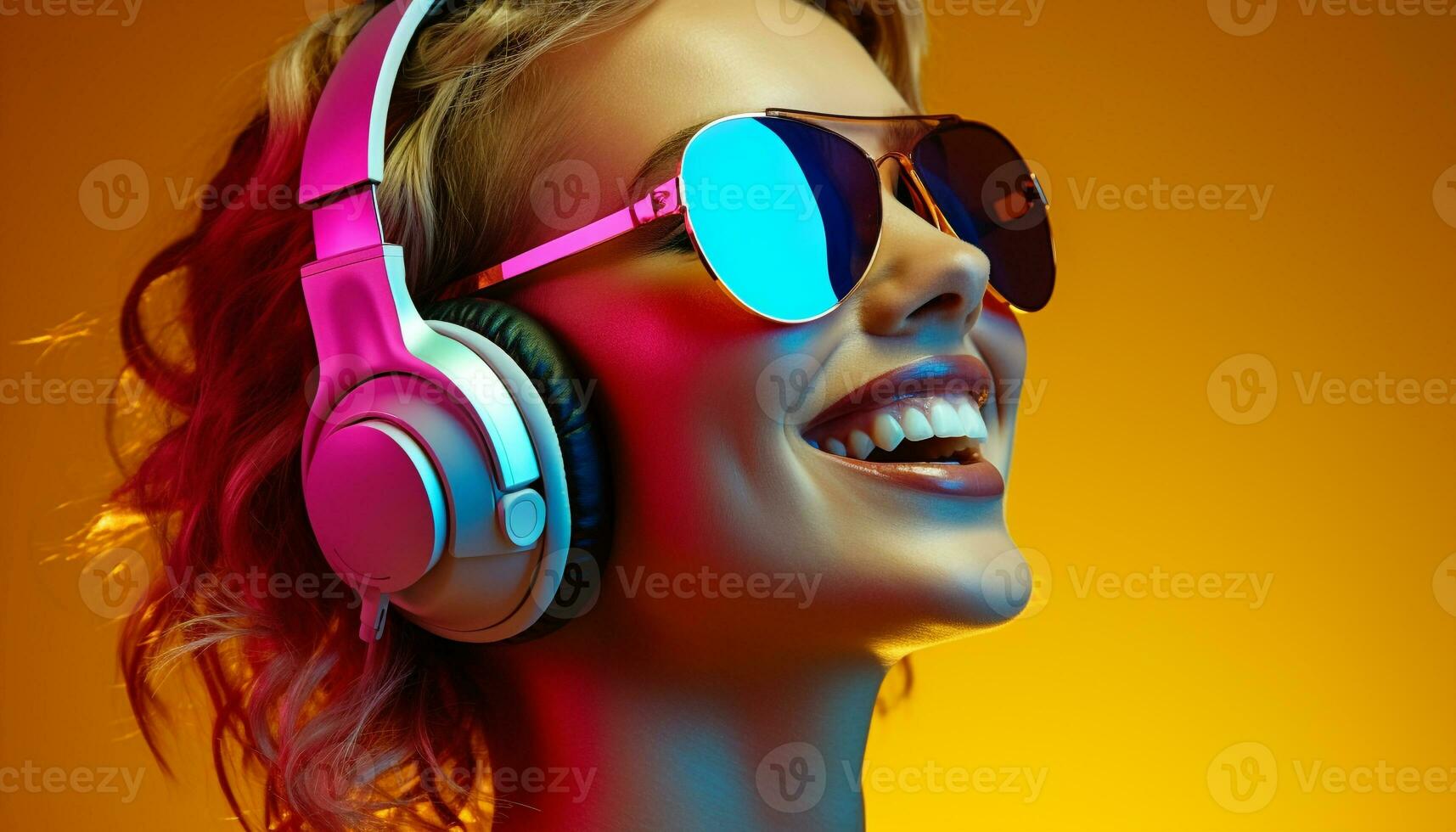 AI generated Smiling young woman enjoying party with sunglasses generated by AI photo