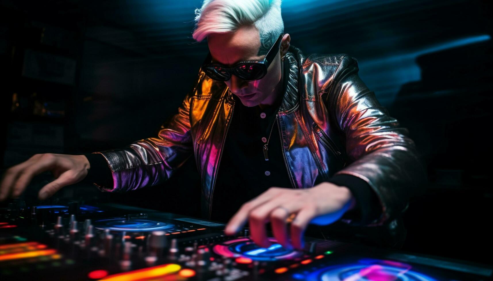 AI generated Young adult male DJ mixing music at nightclub generated by AI photo