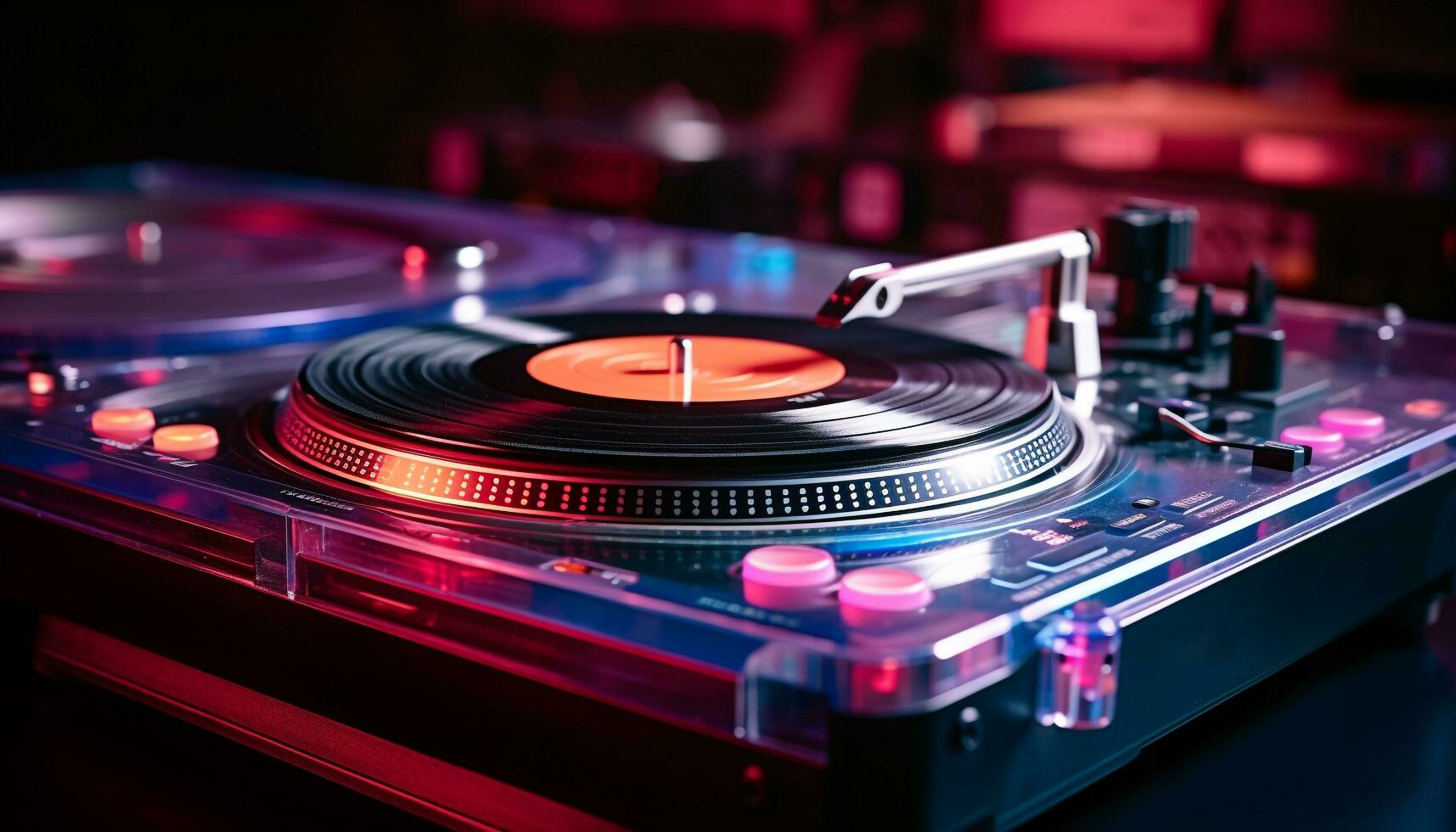 AI generated Nightclub party, DJ mixing, spinning, disco dancing, lighting equipment generated by AI photo
