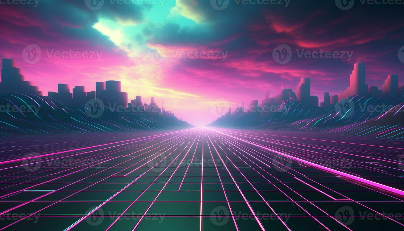 AI generated Futuristic cityscape at dusk, glowing with multi colored lights generated by AI photo