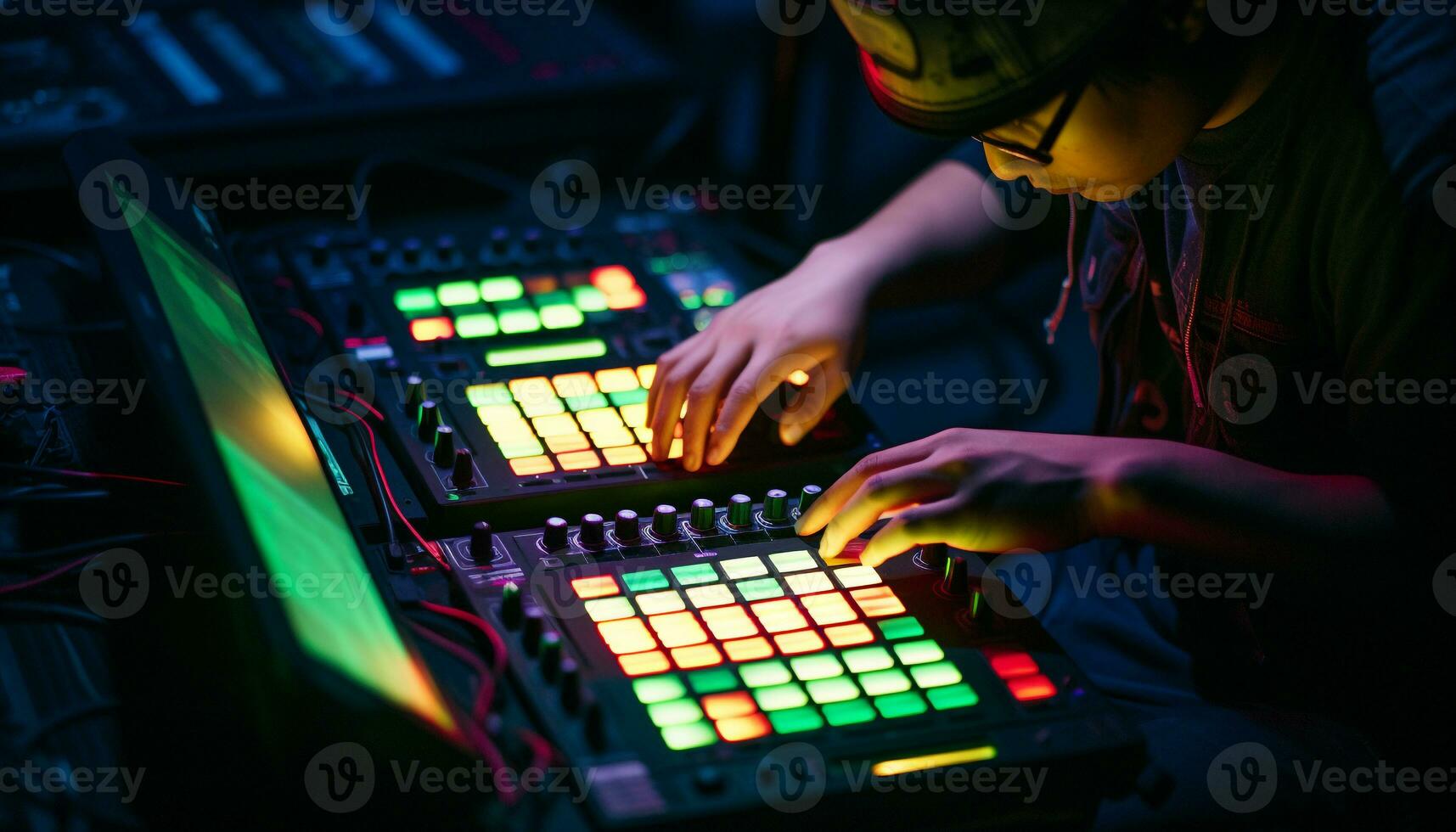 AI generated Musician working in a nightclub, adjusting sound mixer generated by AI photo