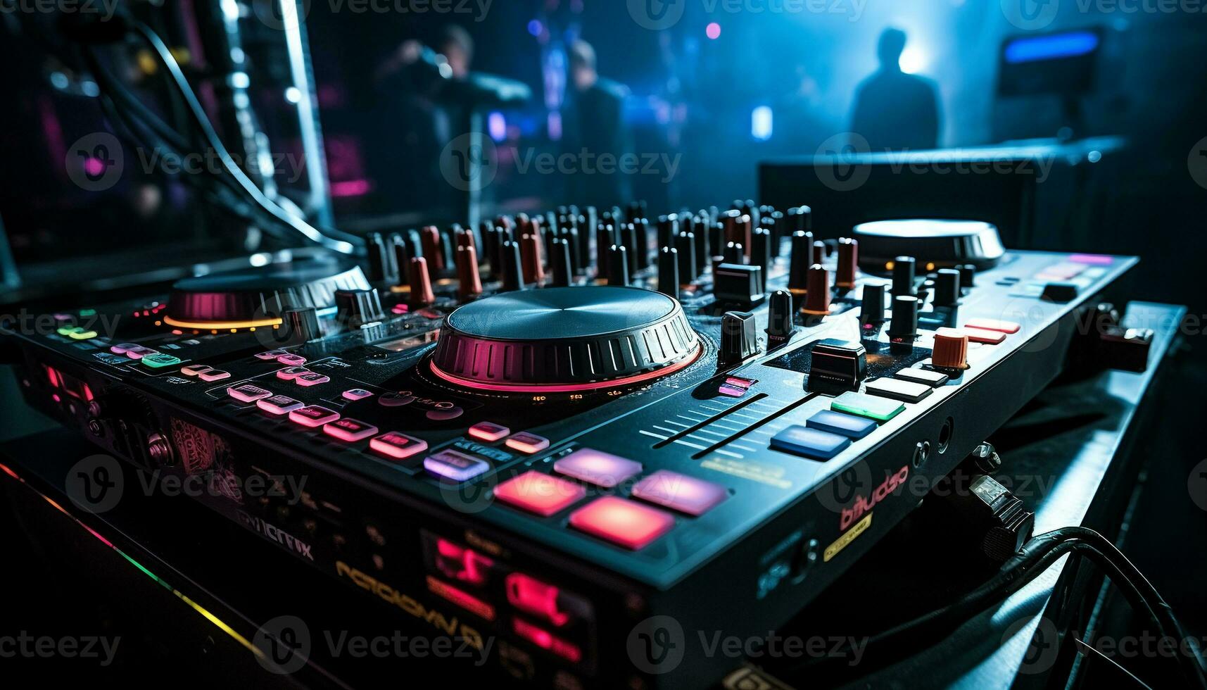 AI generated Nightclub mixing turntable, party stage, illuminated disco dancing generated by AI photo