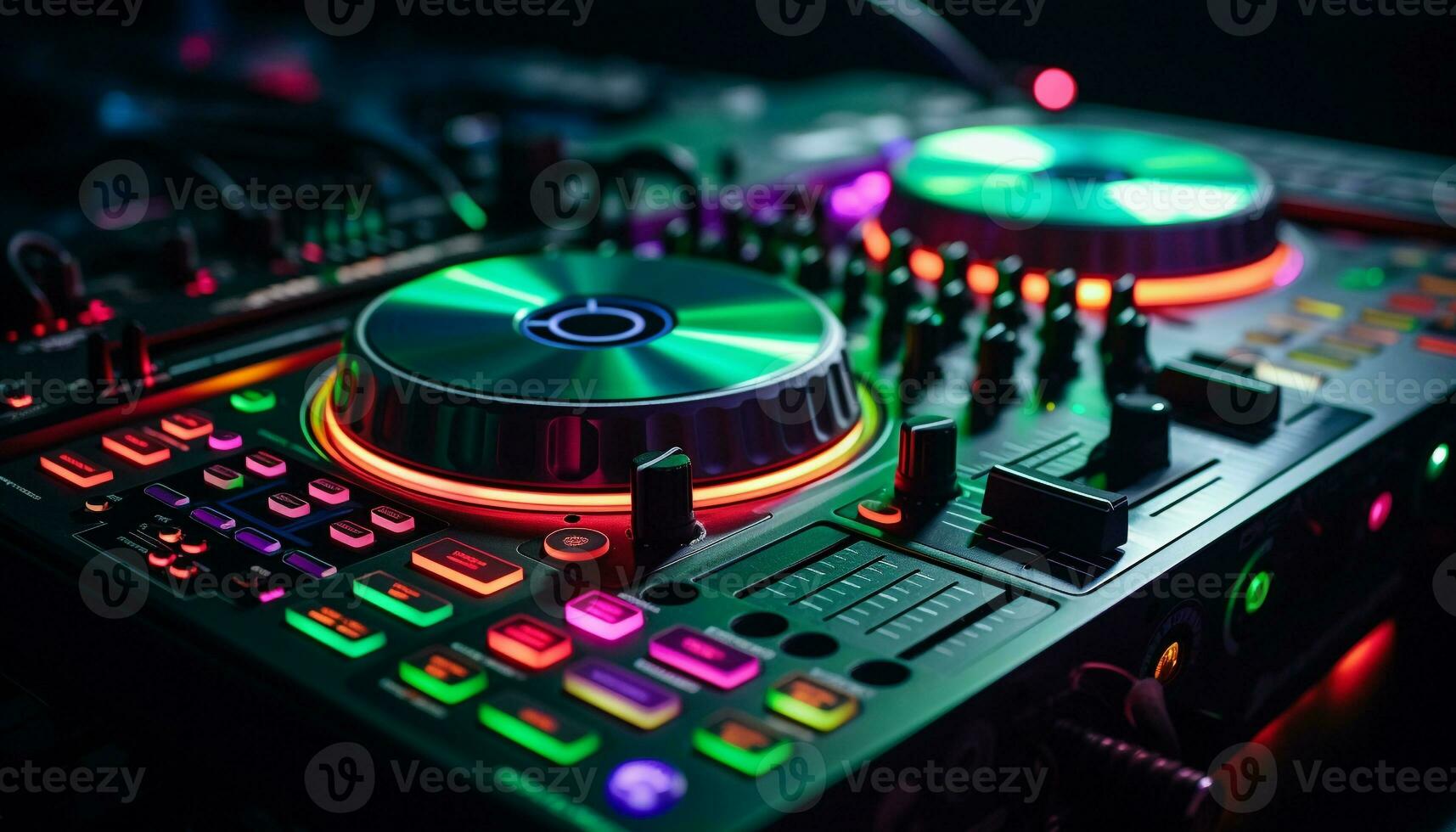 AI generated Nightclub party with DJ mixing on turntable generated by AI photo