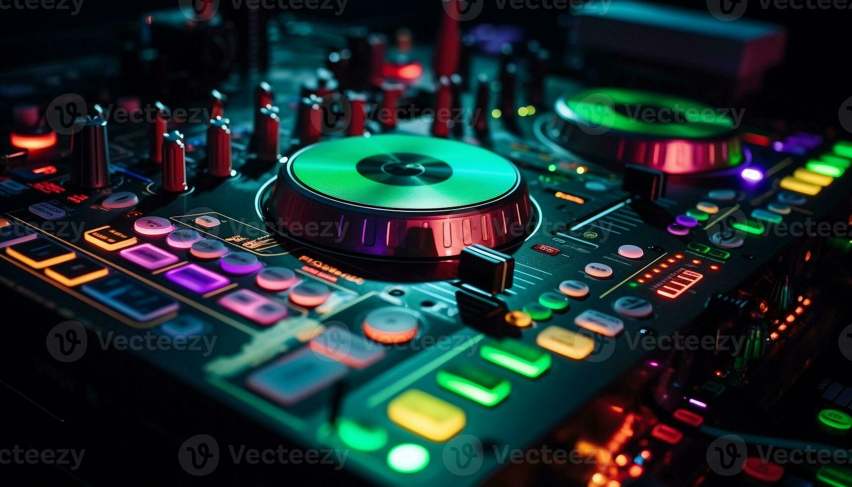 AI generated Nightclub party with DJ mixing on turntable generated by AI photo