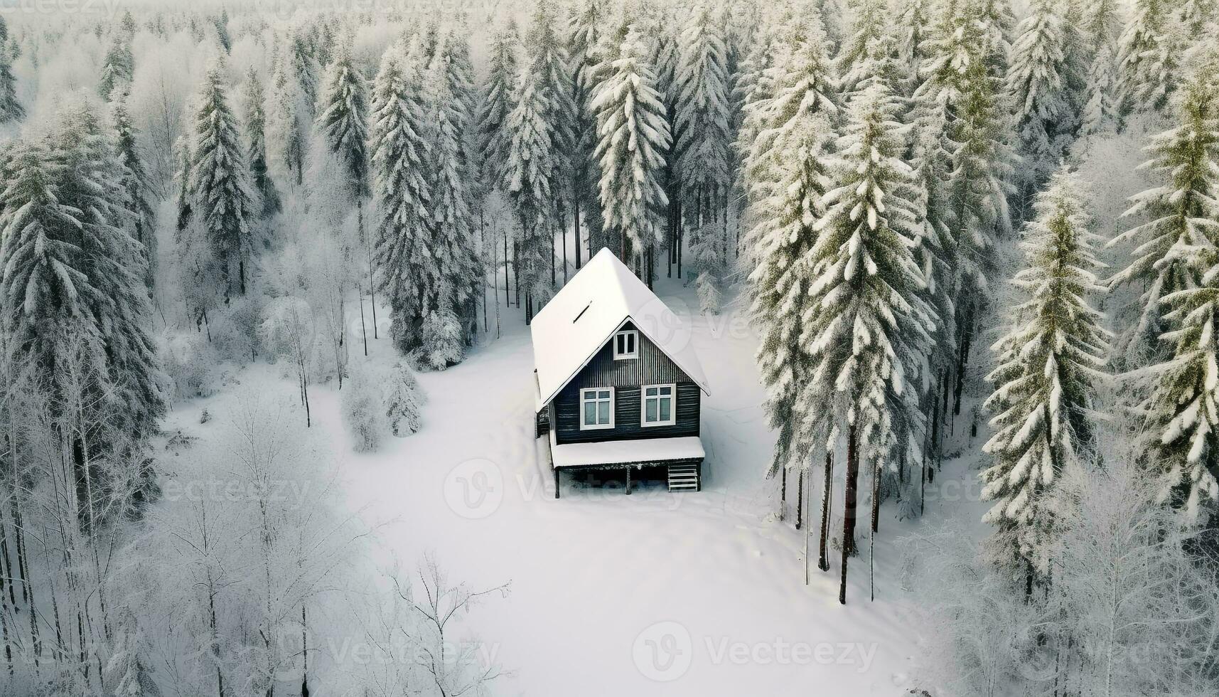 AI generated Winter landscape, snow covered forest, mountain, and cozy cottage generated by AI photo