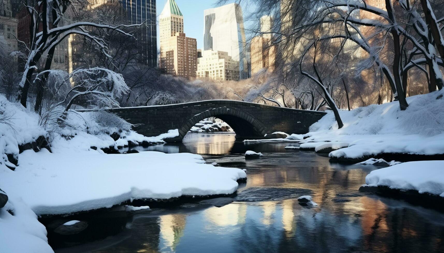 AI generated Winter landscape, snow covered trees reflect in frozen pond generated by AI photo