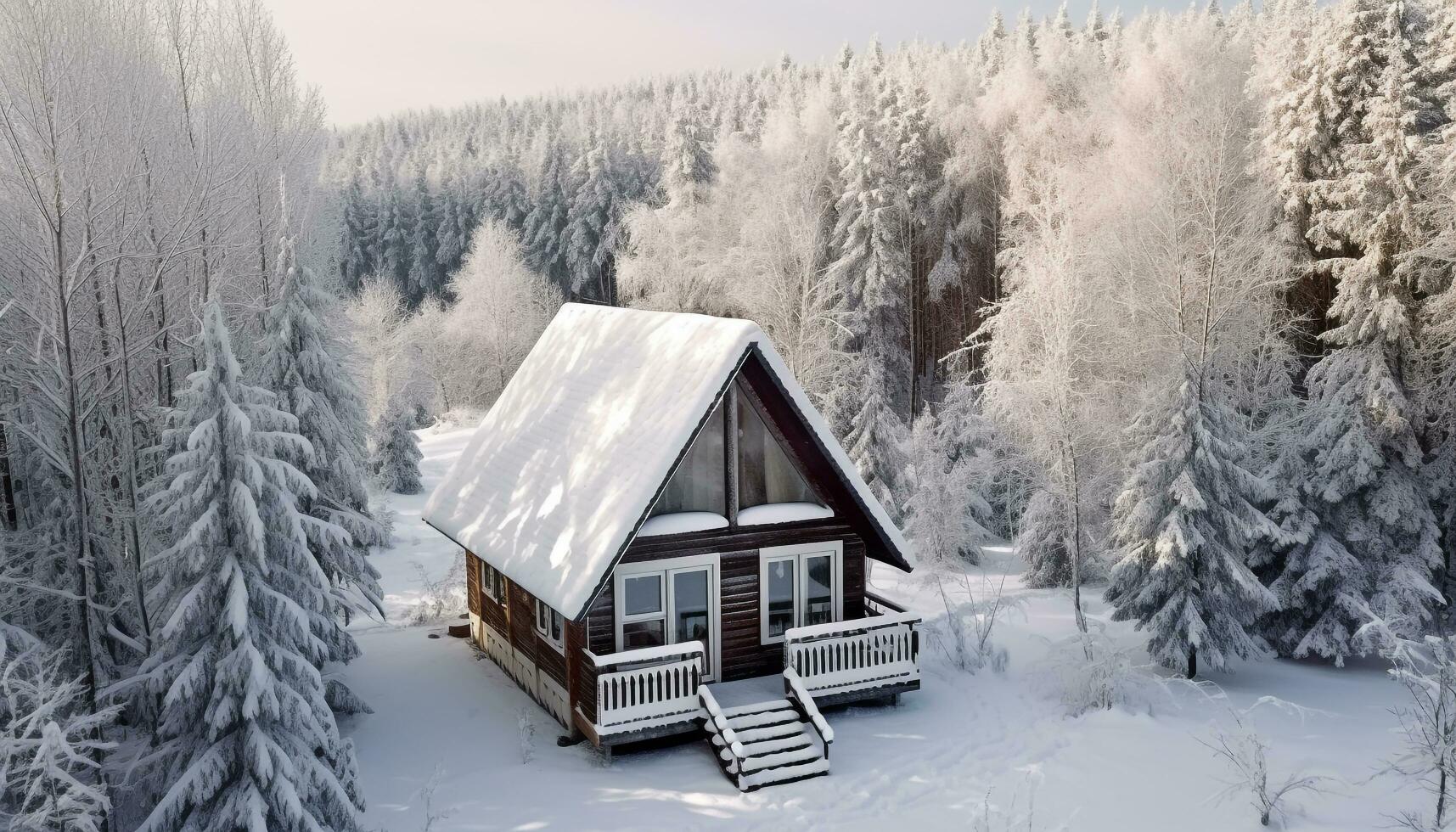 AI generated Winter landscape, snow covered forest, mountain, and cozy cottage generated by AI photo