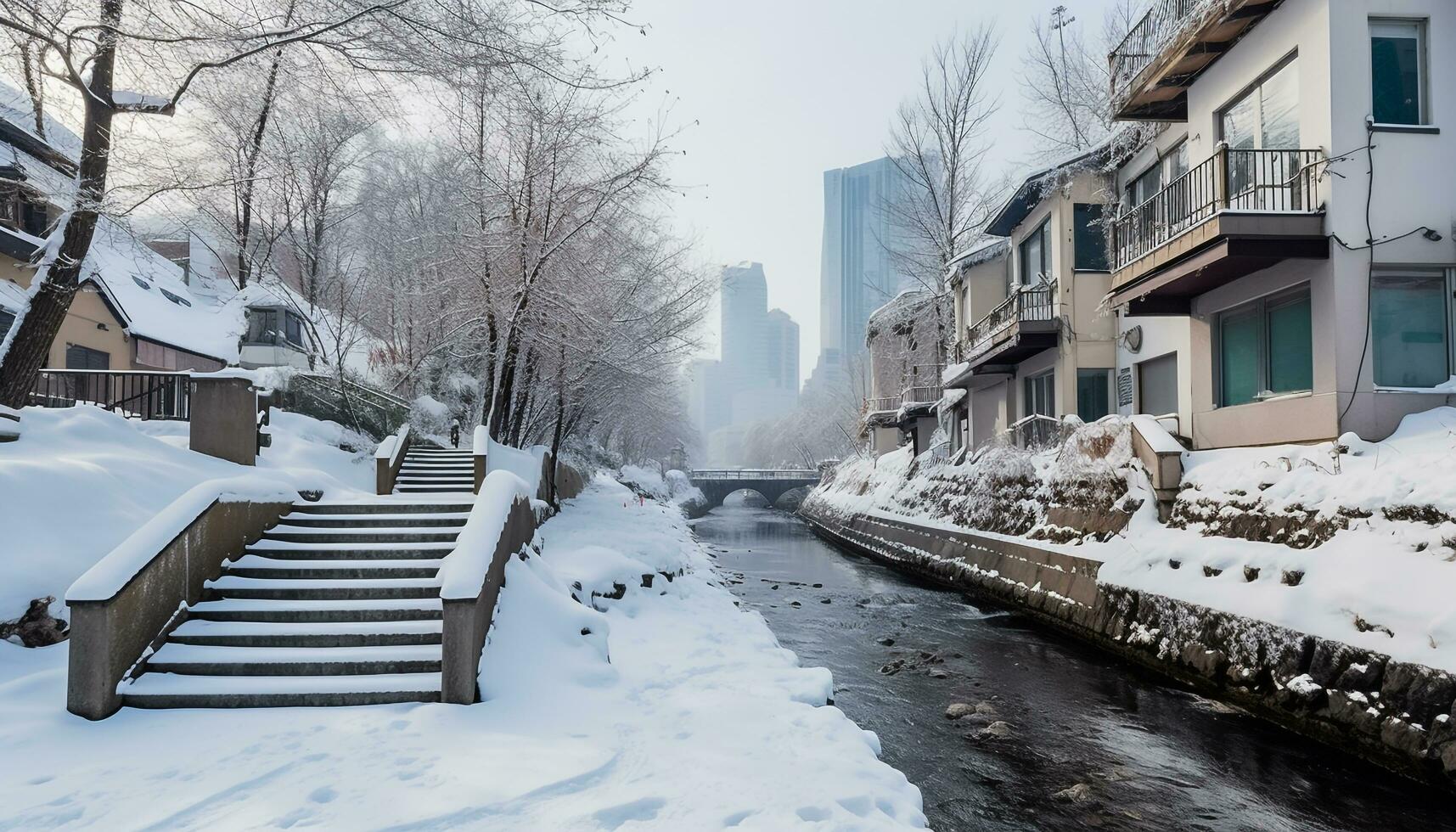 AI generated Snow covered cityscape, frozen skyscrapers, winter icy architecture generated by AI photo