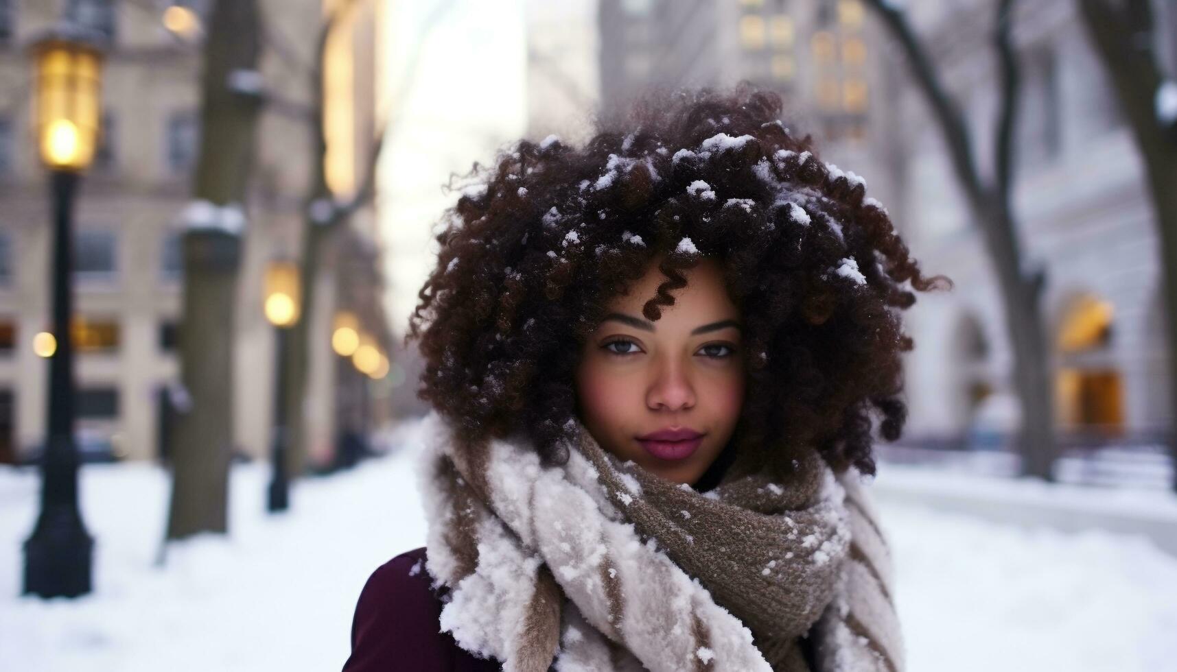 AI generated Smiling young woman in winter snow, looking fashionable generated by AI photo