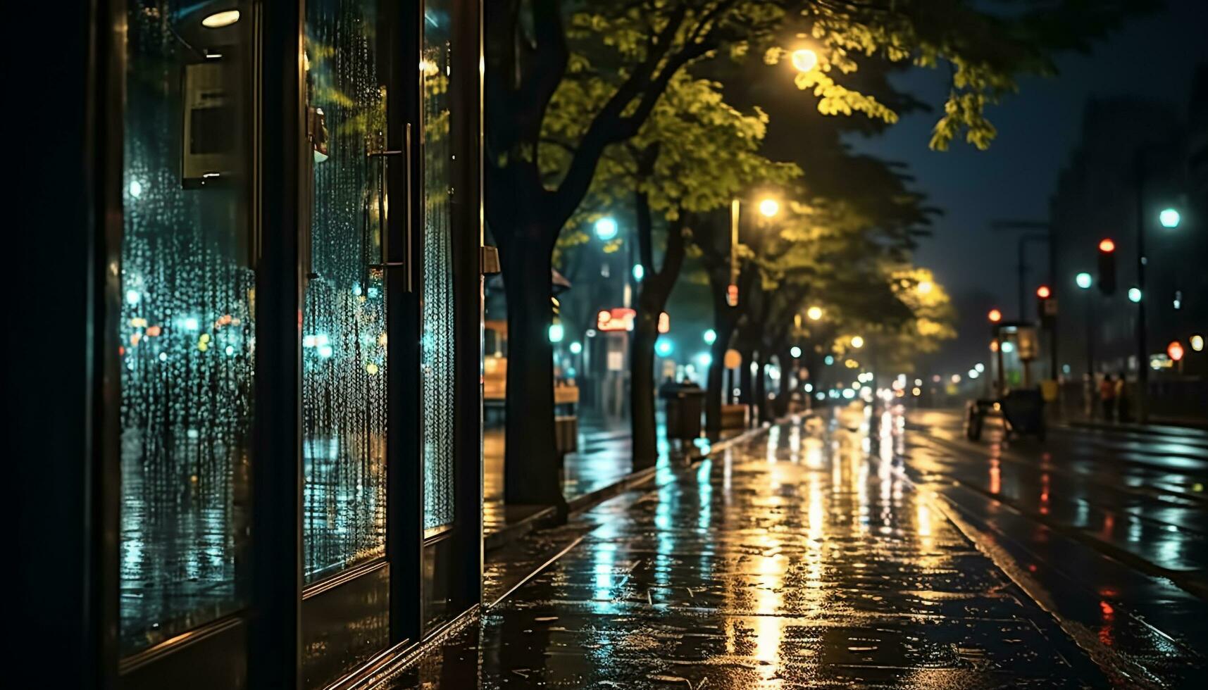 AI generated City lights reflect on wet streets at dusk generated by AI photo