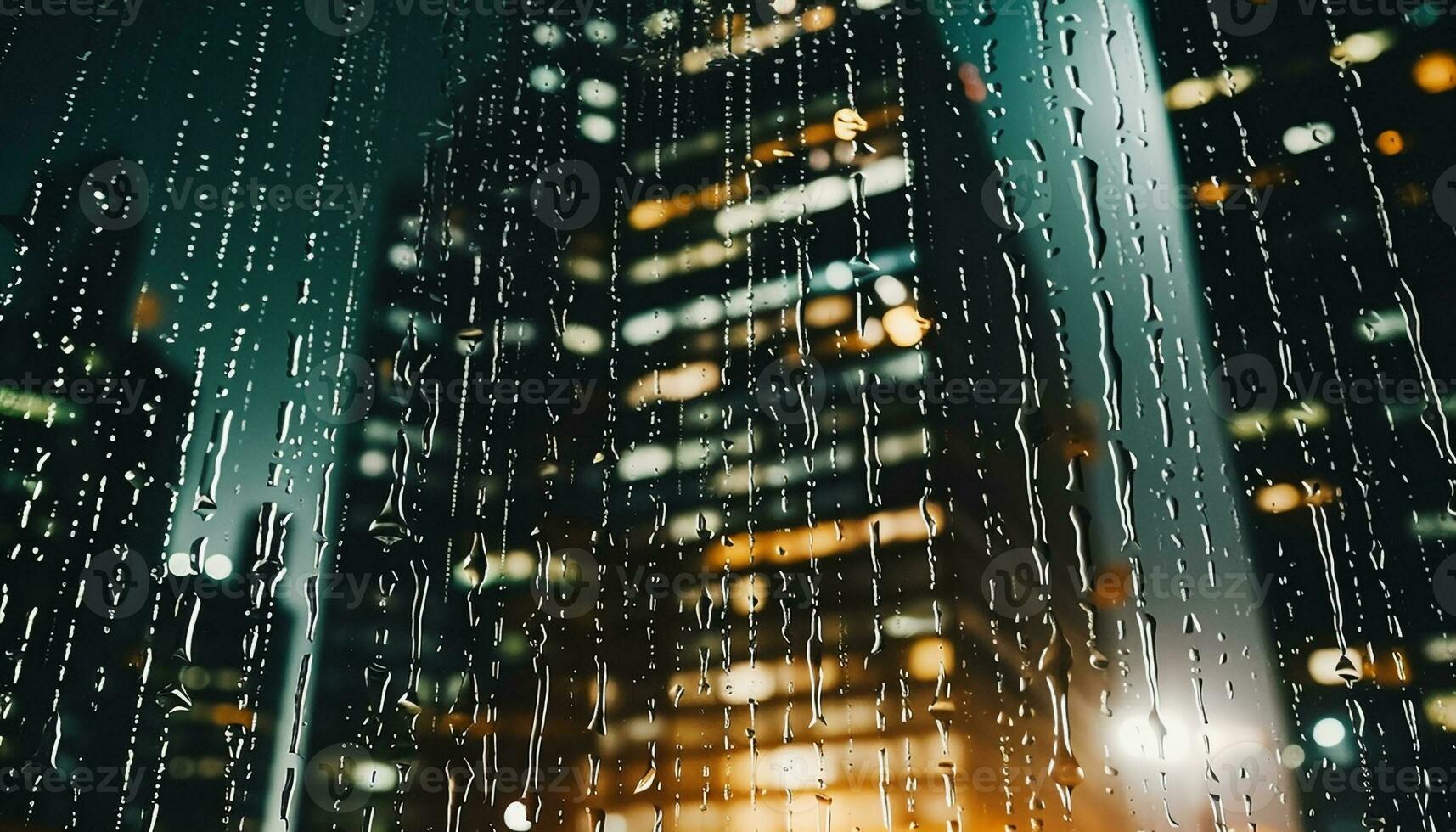 AI generated Raindrop on window reflects city lights at night generated by AI photo