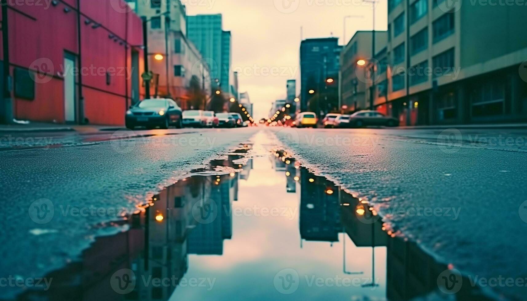 AI generated City life at dusk, car speeds through traffic generated by AI photo