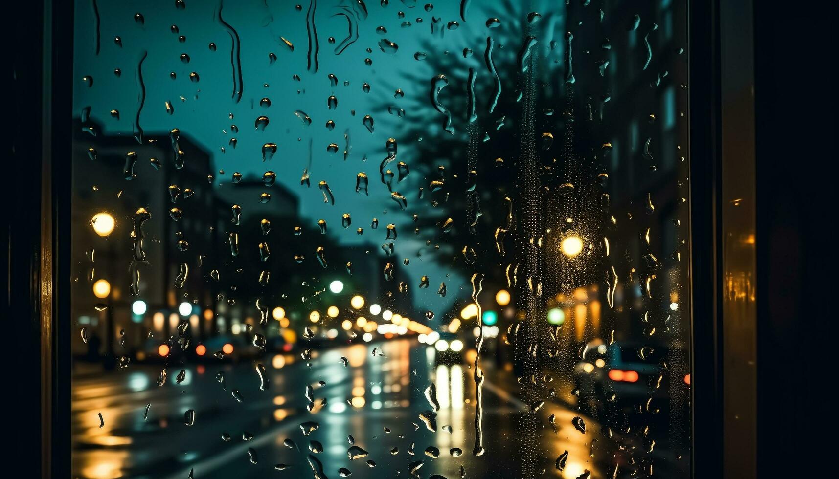 AI generated Raindrops on window create abstract cityscape reflections generated by AI photo