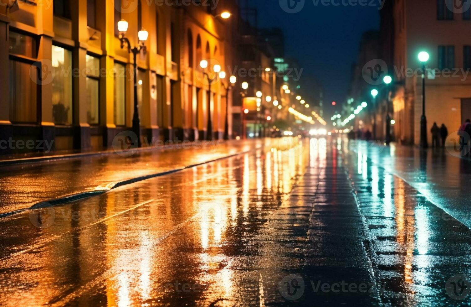 AI generated City street illuminated by street lights at night generated by AI photo