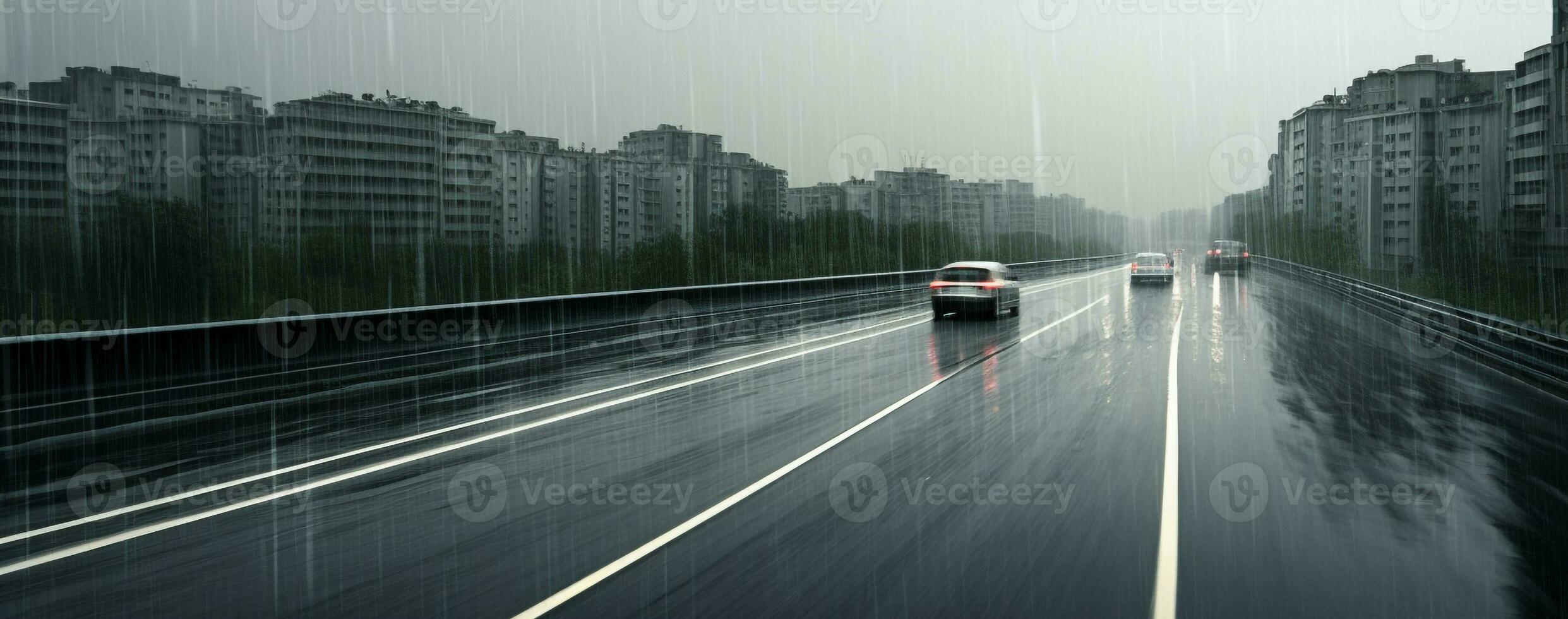 AI generated Blurred motion, night, driving, city life, multiple lane highway, outdoors, dark, rain generated by AI photo