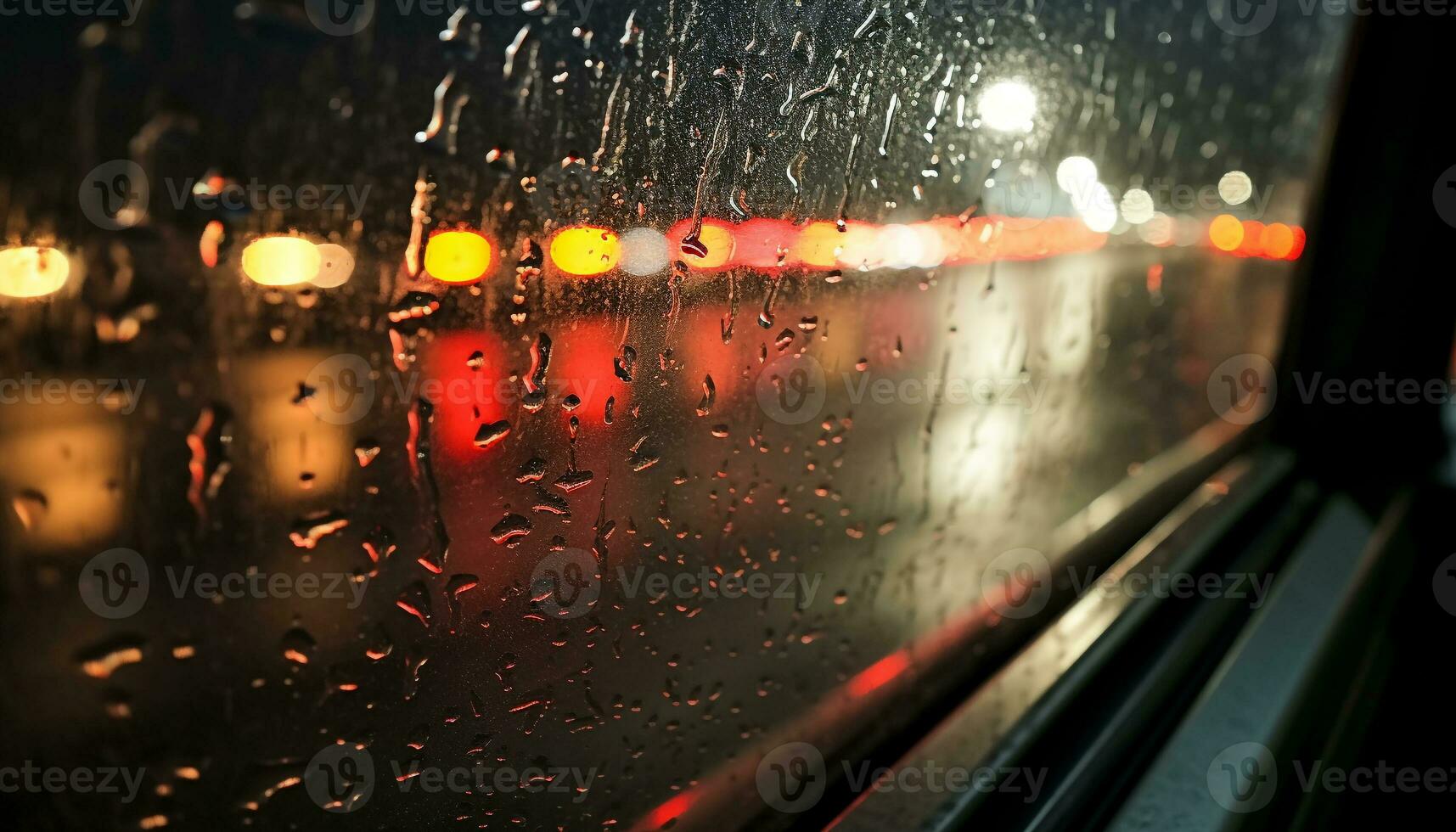 AI generated Raindrop on car window, blurred motion of traffic generated by AI photo