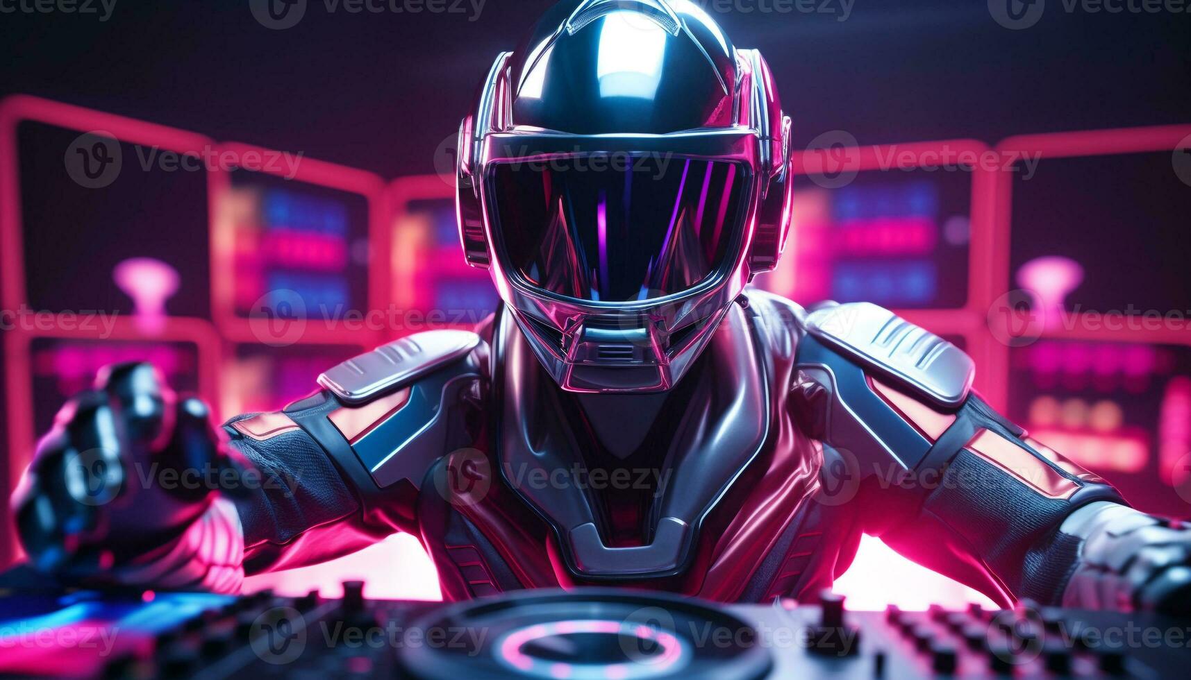 AI generated Futuristic nightclub stage, one DJ playing digitally generated music generated by AI photo