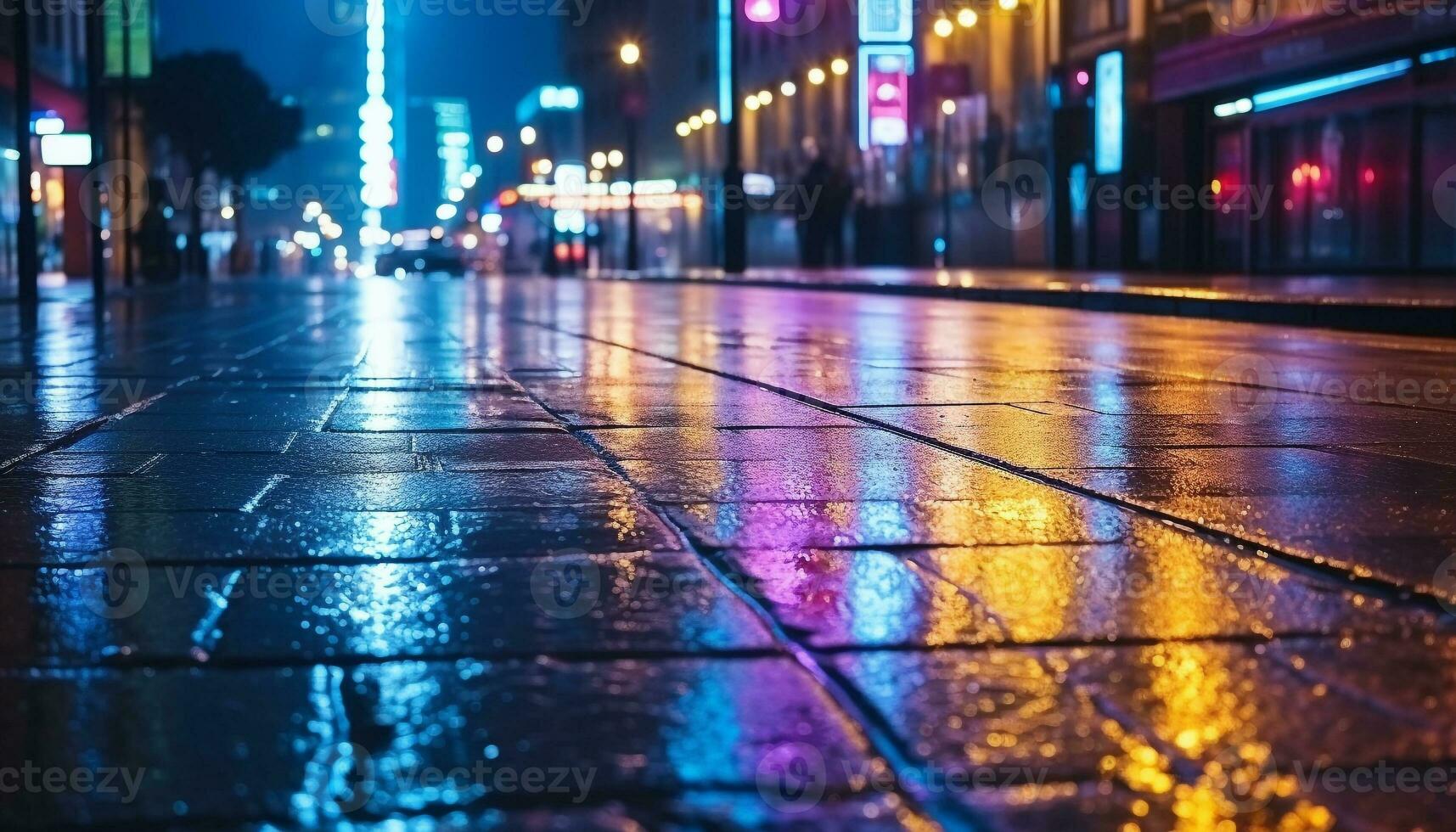 AI generated Nighttime city street illuminated by car headlights generated by AI photo