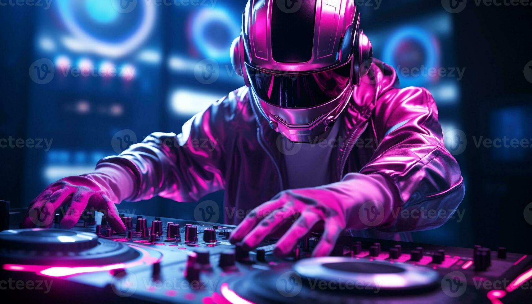 AI generated Nightclub jockey skillfully mixes music on turntable generated by AI photo