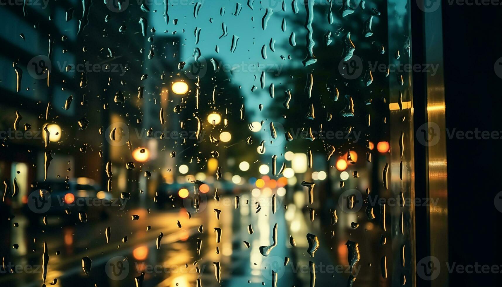 AI generated Raindrop on window, city lights reflect in wet glass generated by AI photo