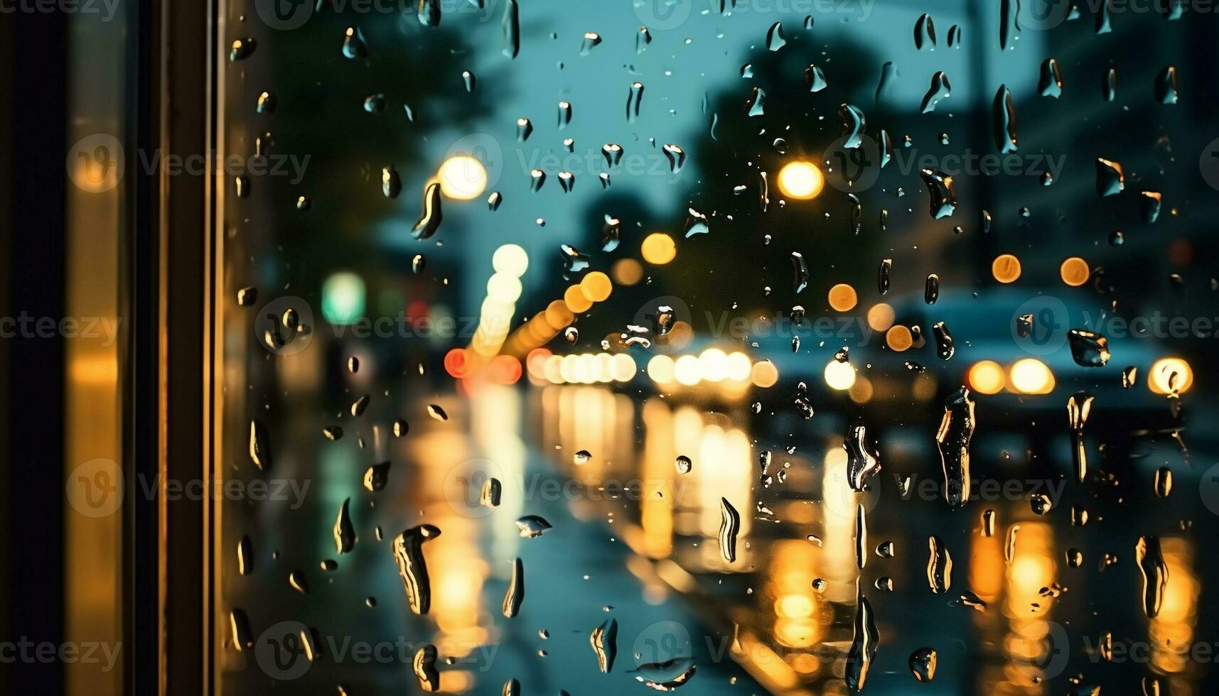 AI generated Raindrop on window reflects city lights at night generated by AI photo