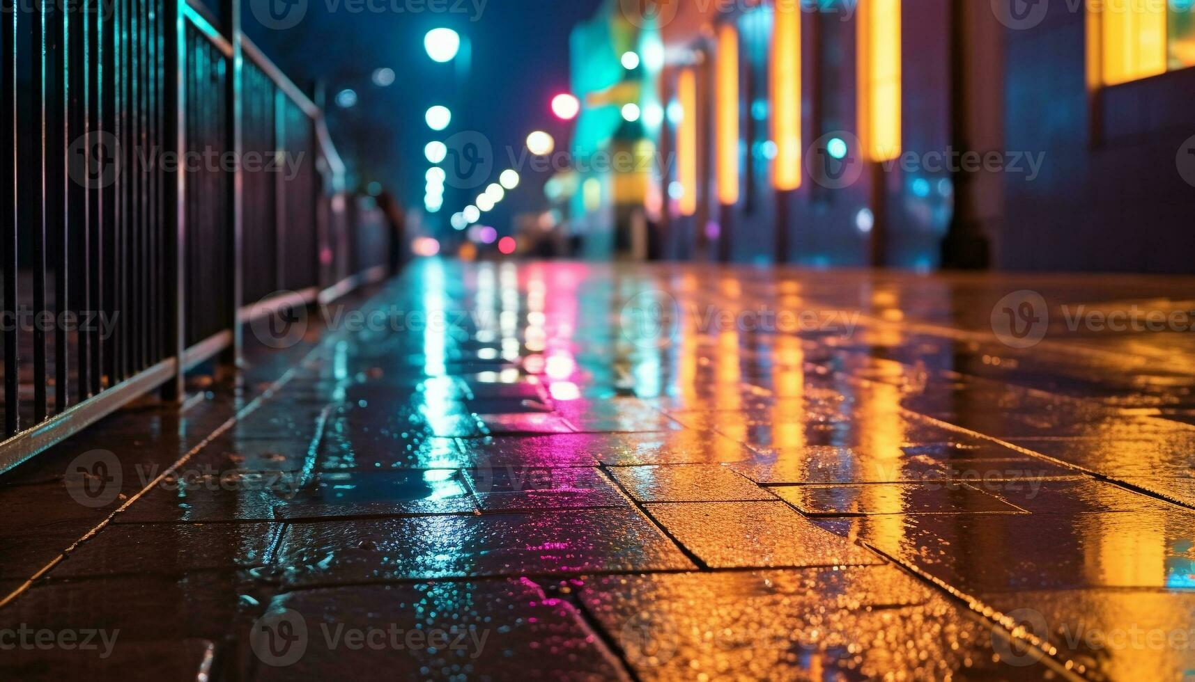AI generated Rainy night, wet streets, illuminated city life generated by AI photo