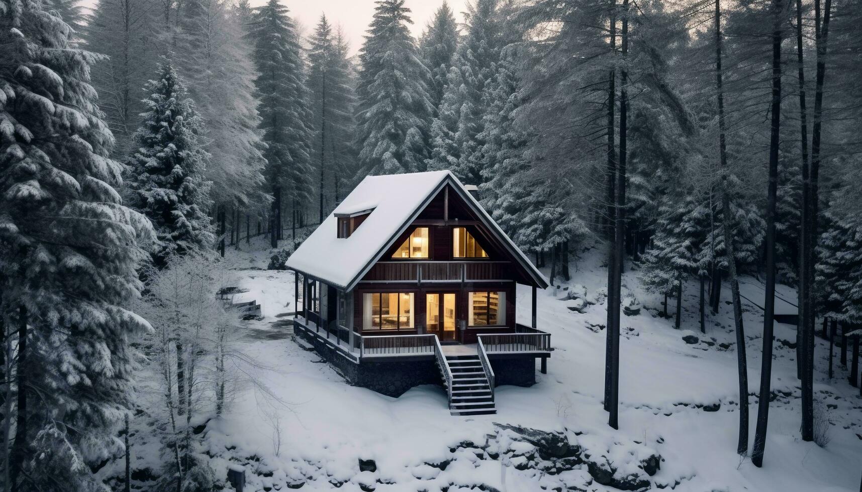 AI generated Winter landscape, snow covered forest, mountain, and cottage generated by AI photo