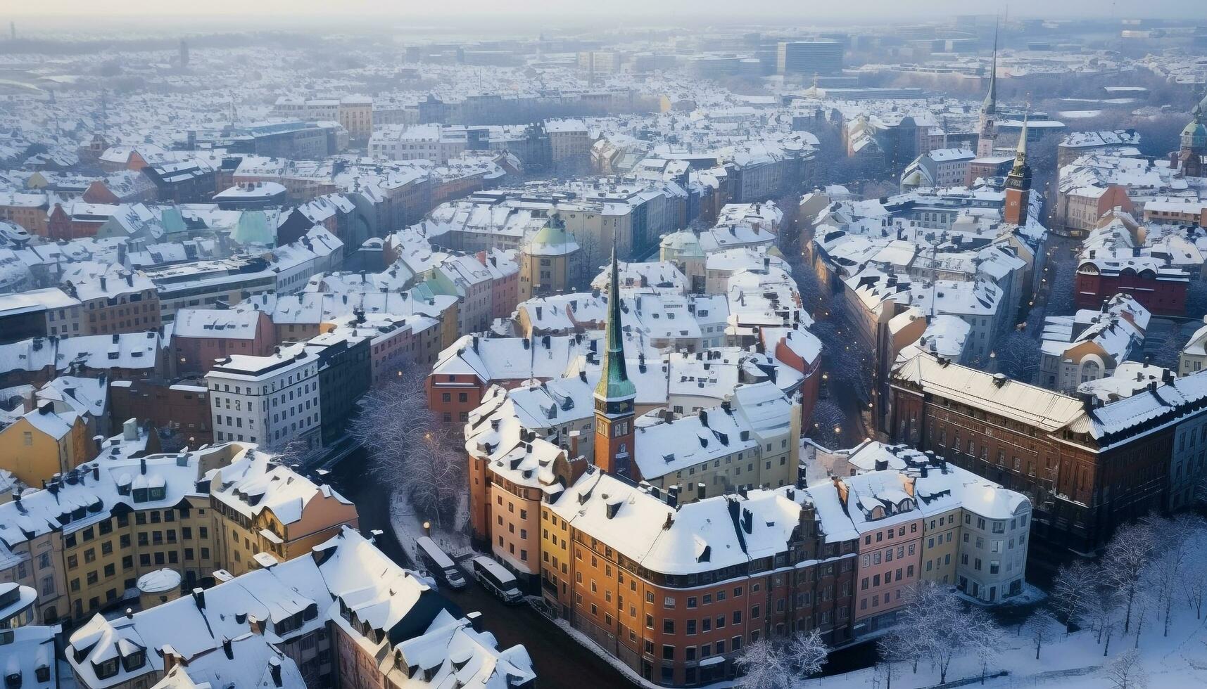 AI generated Snow covered cityscape with gothic style buildings at dusk generated by AI photo