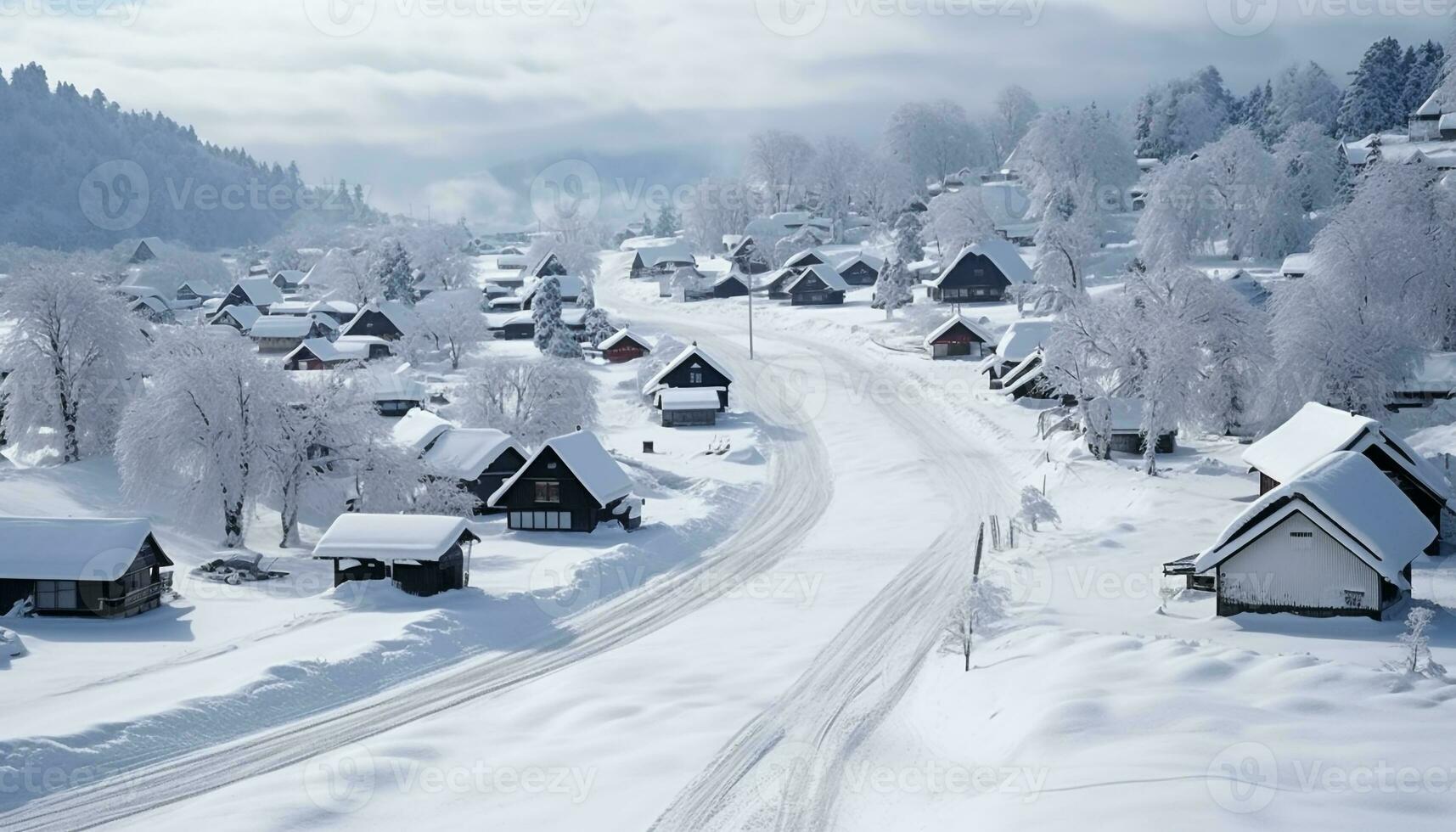 ai generado tranquilo escena de Nevado montaña paisaje y cabaña generado por ai foto