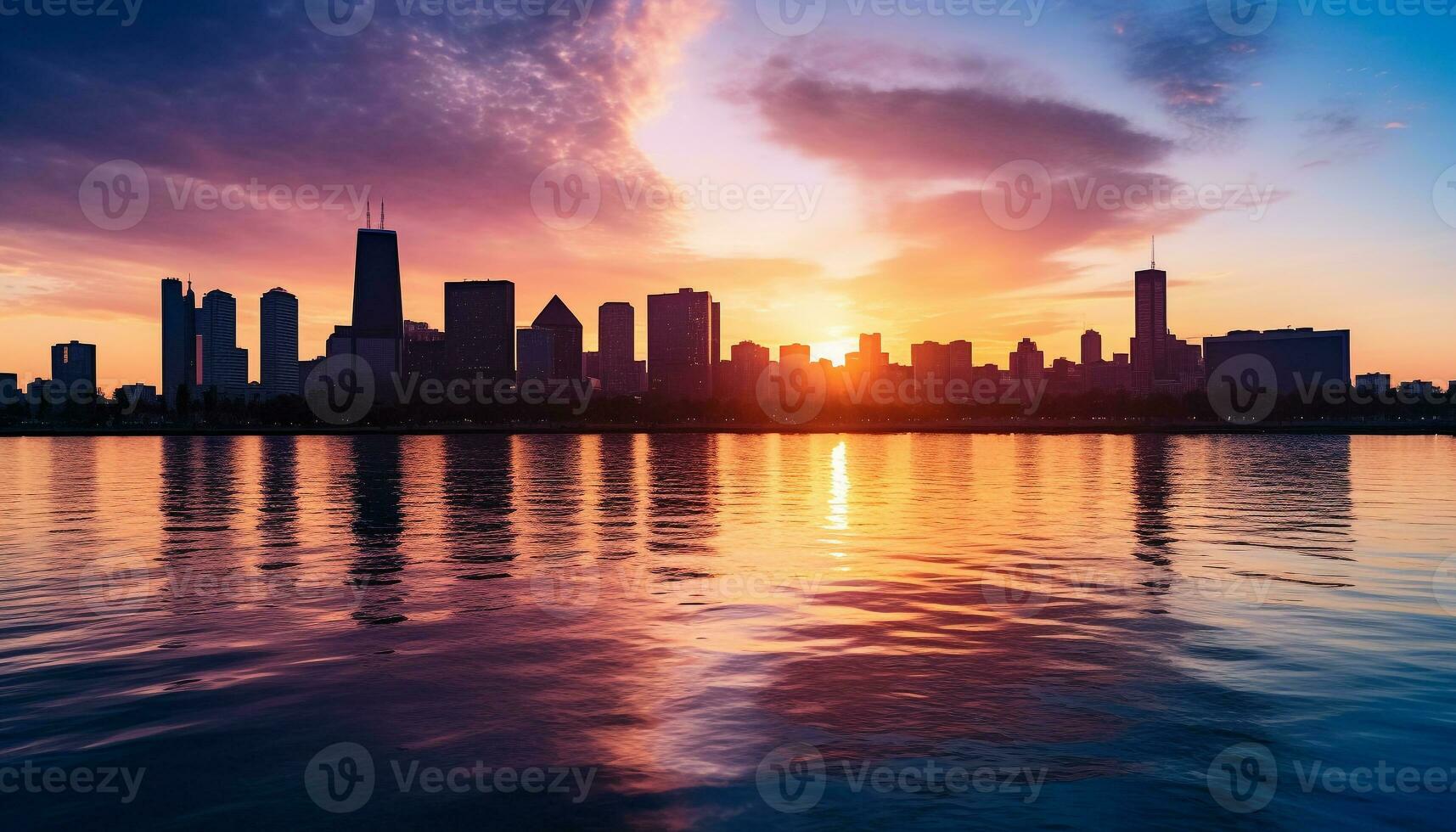 AI generated Cityscape at dusk, skyscrapers reflecting on water generated by AI photo