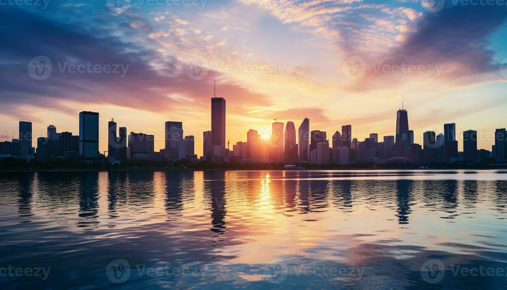 AI generated Cityscape at dusk, skyscrapers reflecting in urban skyline generated by AI photo