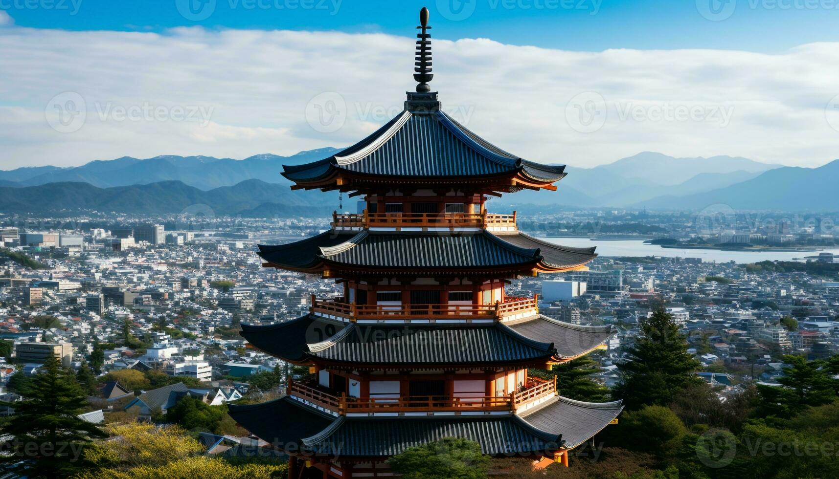 ai generado antiguo pagoda soportes alto en japonés paisaje urbano generado por ai foto