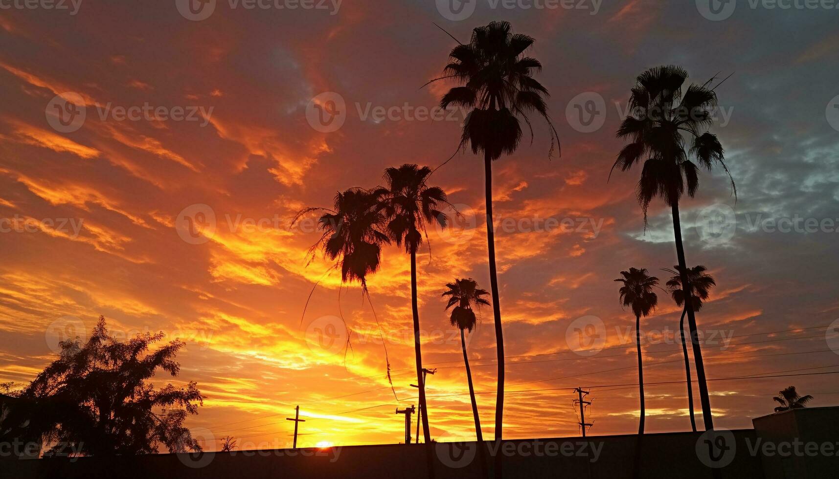 AI generated Silhouette of palm tree against vibrant sunset sky generated by AI photo