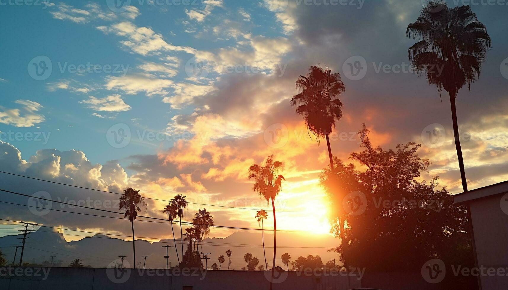 AI generated Silhouette of palm tree against orange sunset sky generated by AI photo