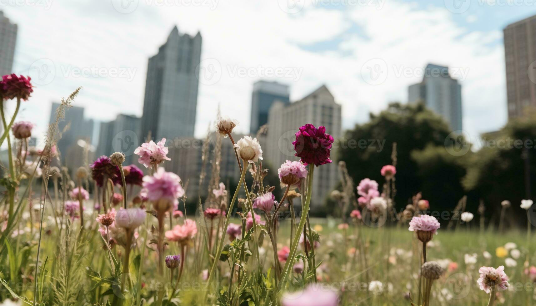 AI generated Beautiful meadow of flowers in the urban skyline generated by AI photo