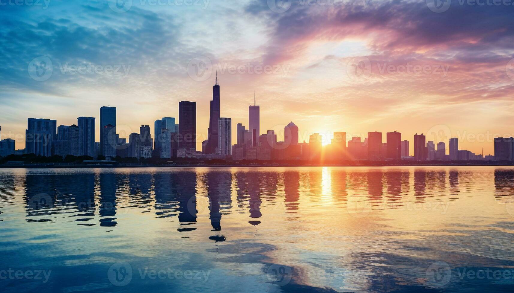 AI generated Cityscape at sunset, skyscrapers reflecting in water generated by AI photo