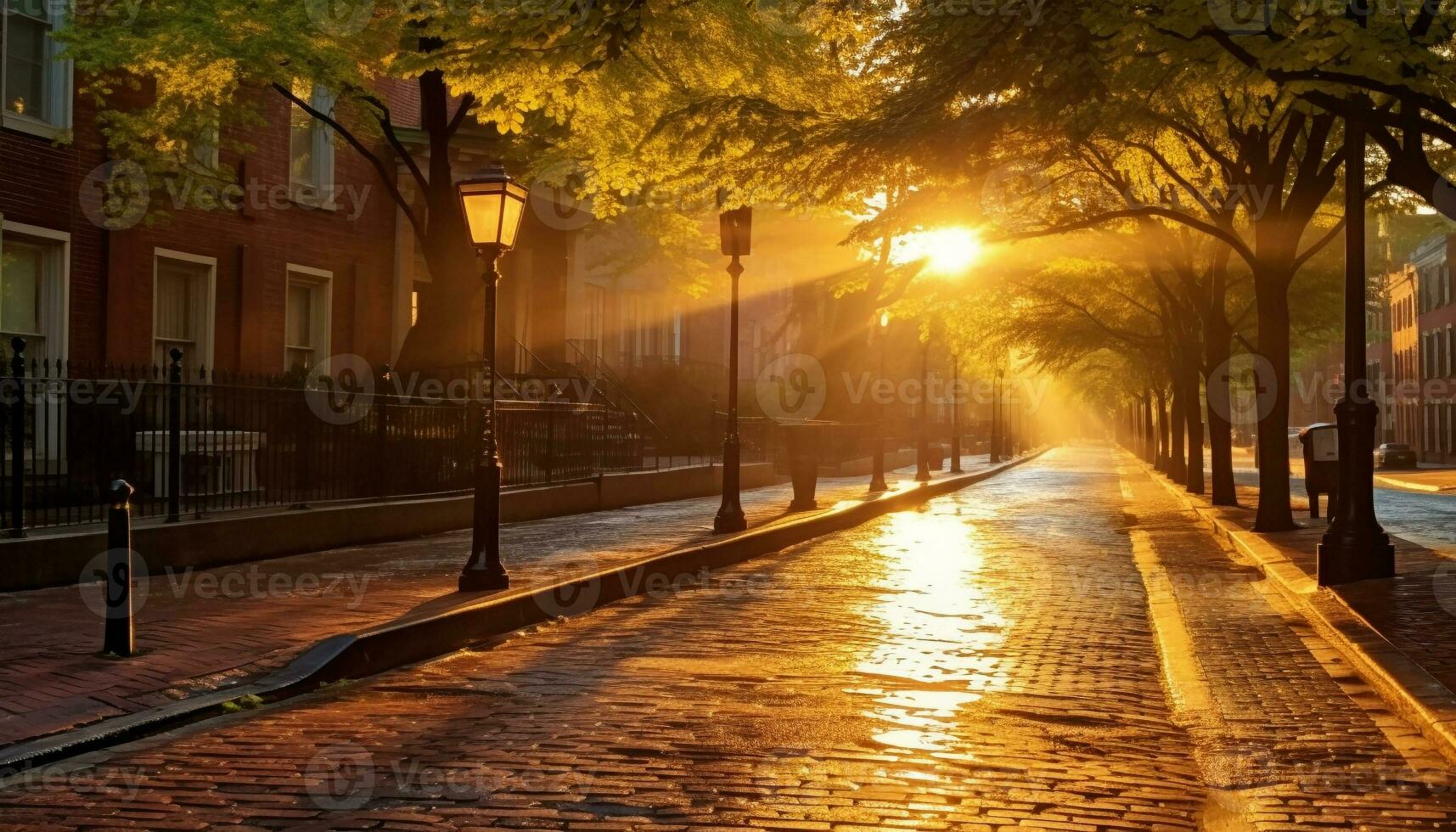 AI generated City street at dusk, illuminated by street lights generated by AI photo