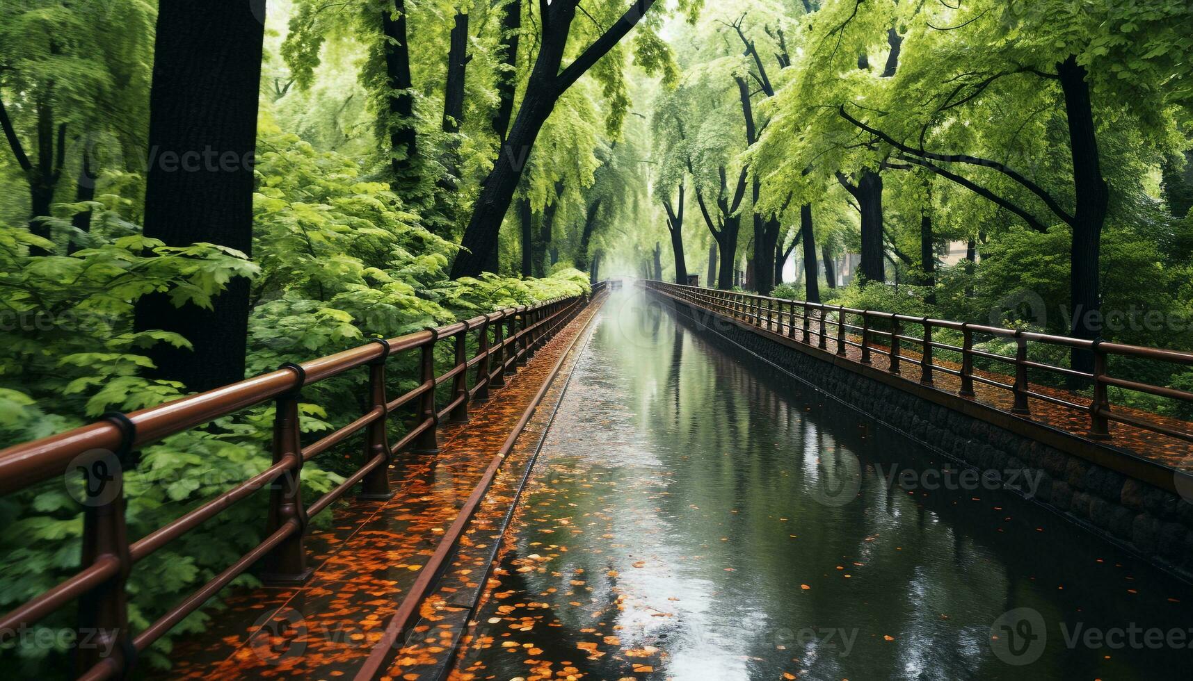 ai generado tranquilo escena, hombre caminando en puente peatonal terminado agua generado por ai foto