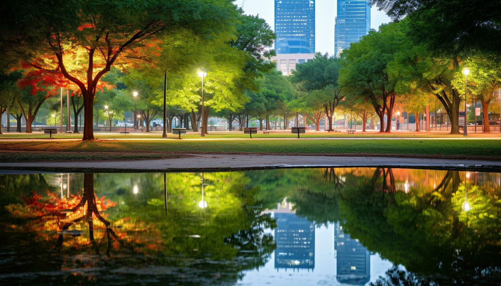 AI generated Cityscape reflects on water, skyscrapers illuminate urban skyline generated by AI photo