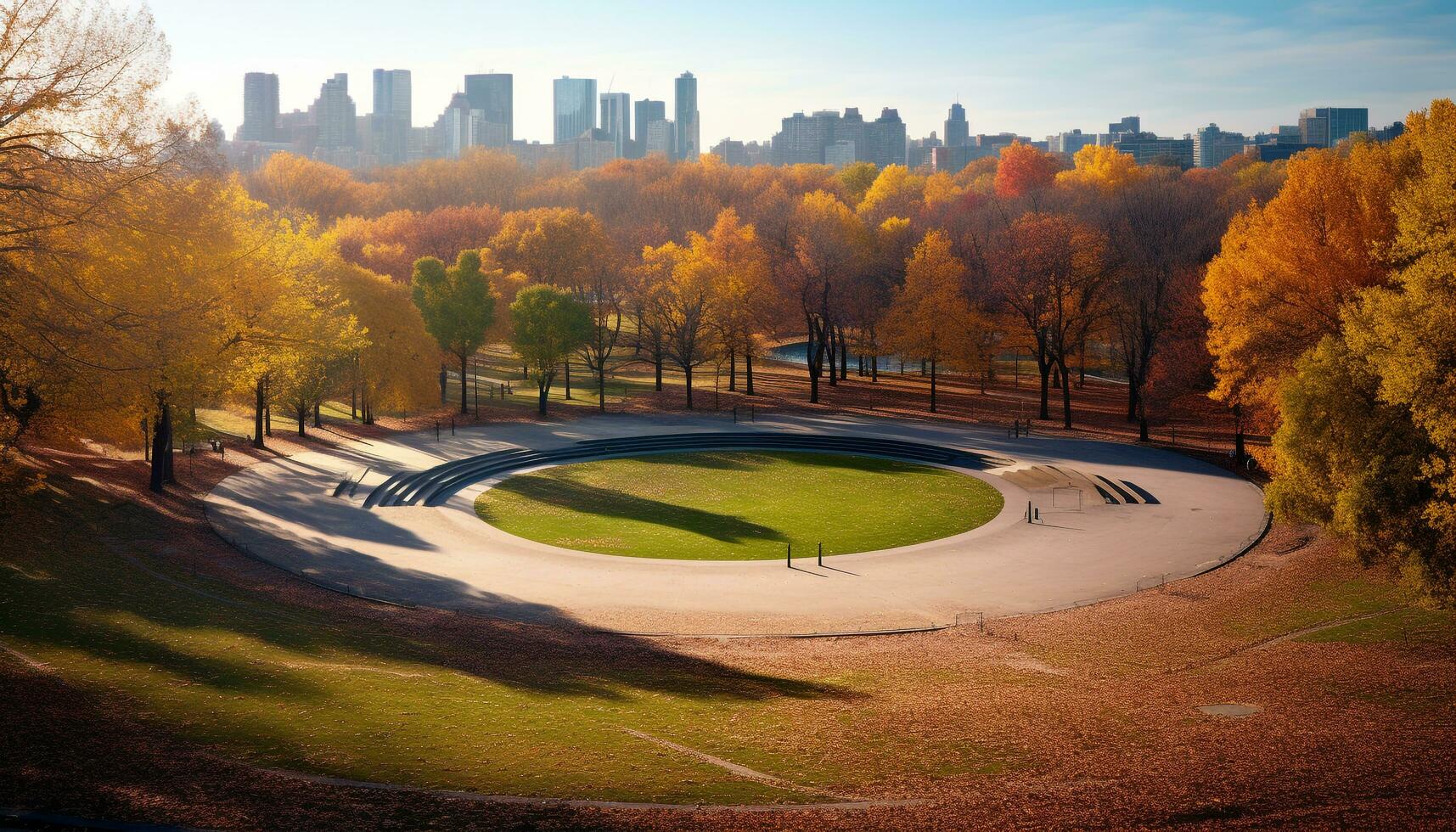AI generated Autumn landscape, yellow leaves, green grass, vibrant colors generated by AI photo