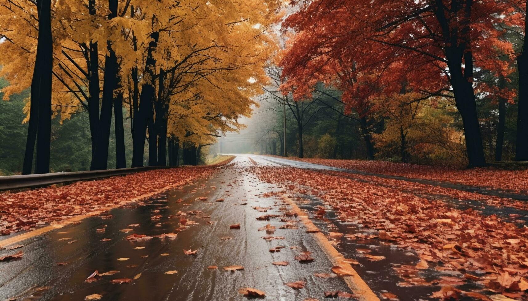 AI generated Vibrant autumn leaves paint tranquil forest landscape generated by AI photo