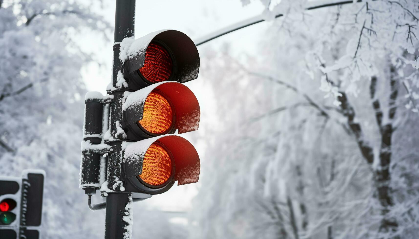 AI generated Winter traffic, snow covered road, stoplight, danger sign generated by AI photo