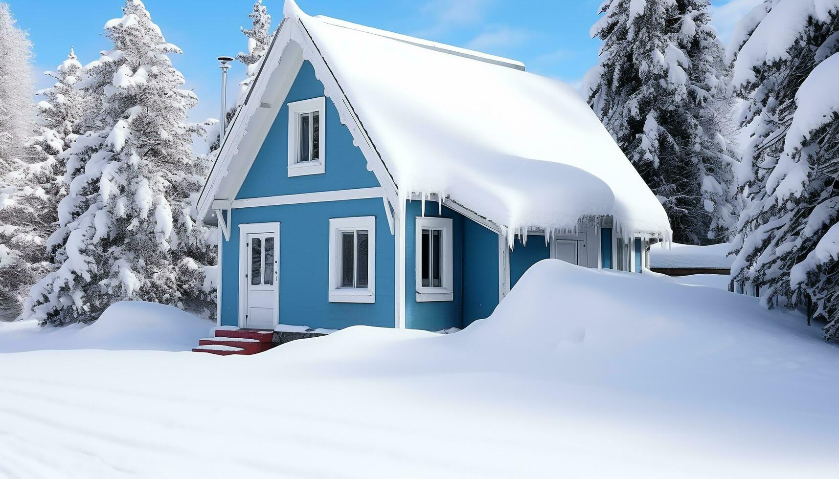 ai generado nieve cubierto bosque, invierno paisaje, acogedor cabaña, Navidad celebracion generado por ai foto