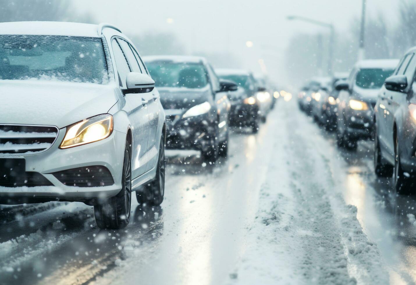 AI generated Snow covered car drives through traffic in winter generated by AI photo