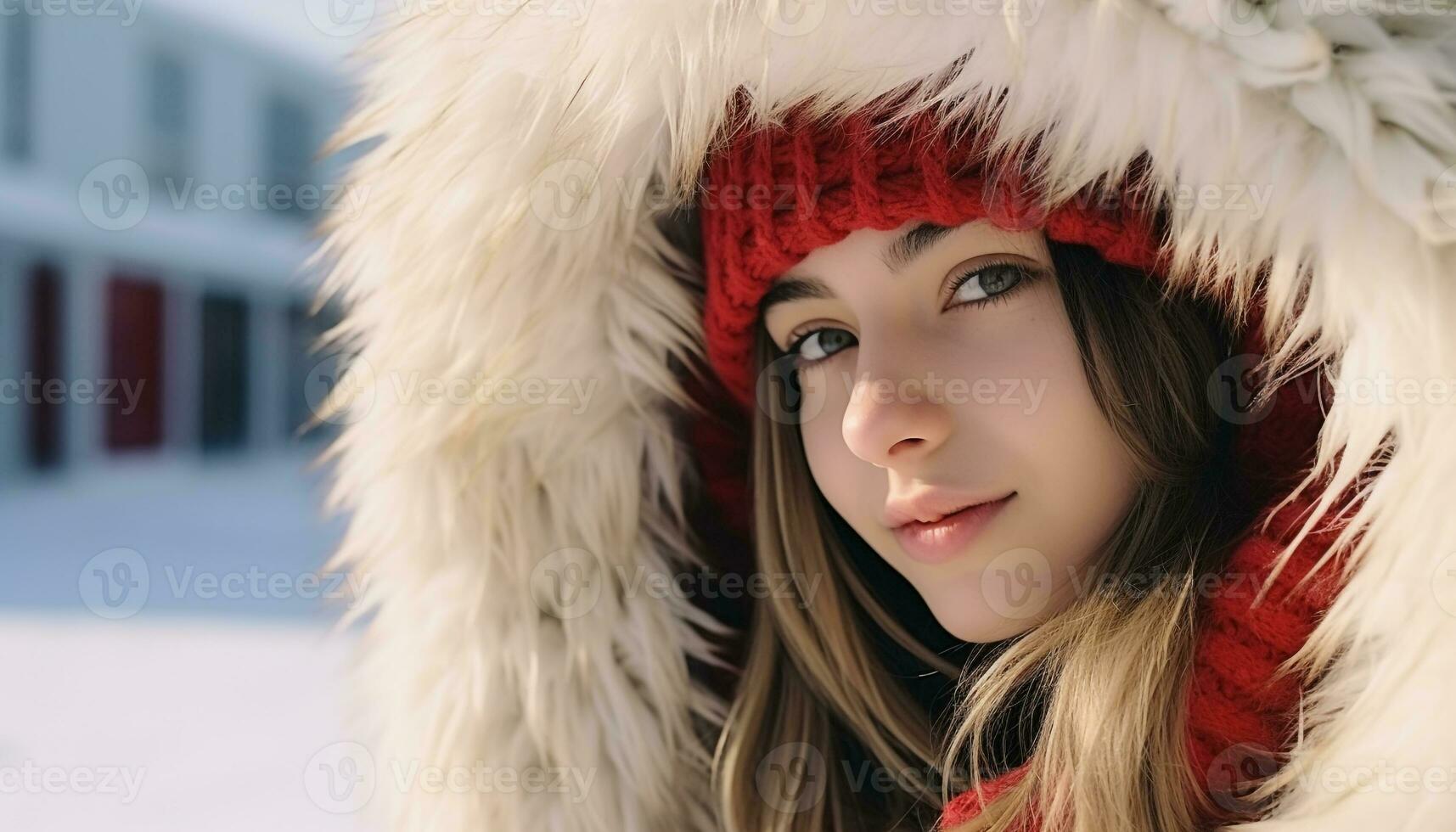 AI generated Young woman in winter fashion smiling outdoors generated by AI photo