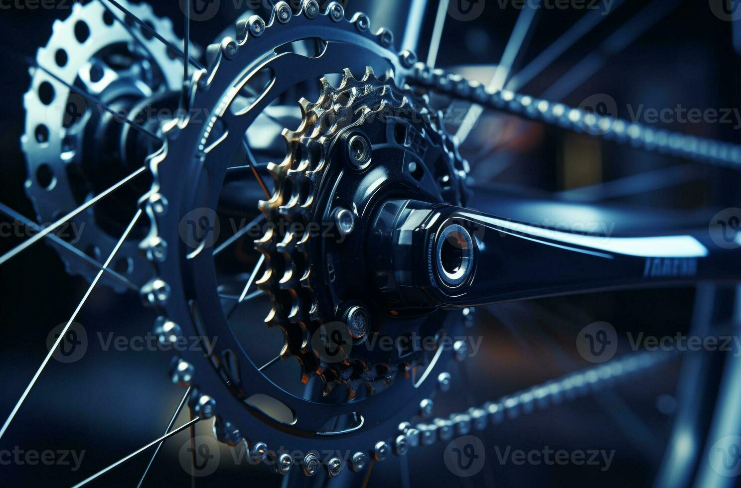 ai generado metálico palanca de cambios torneado en bicicleta cadena, trabajo en equipo en movimiento generado por ai foto